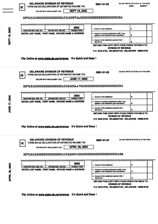 Form 200-Es - Declaration Of Estimated Income Tax - Delaware Division Of Revenue Printable pdf