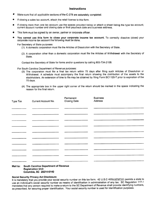 Instructions For Completing The Account Closing Form - South Carolina Department Of Revenue Printable pdf