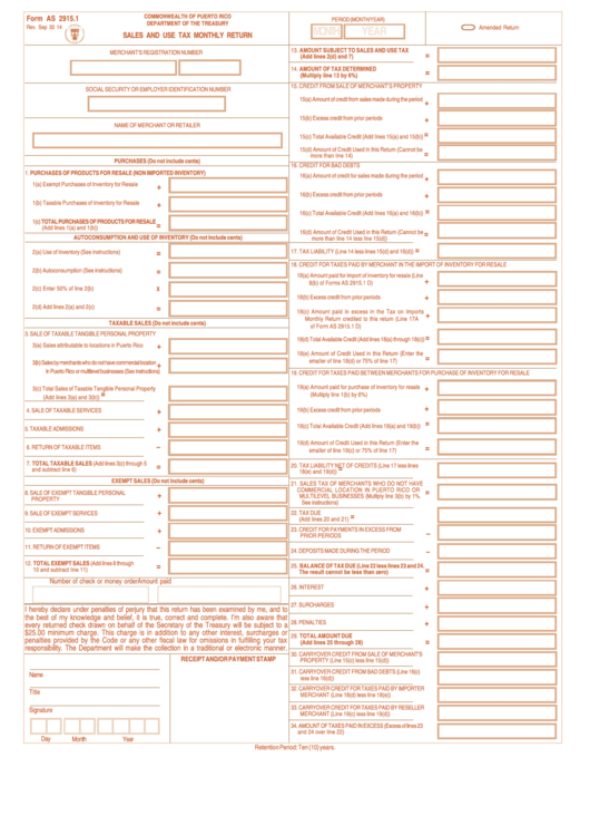 Fillable Form As 2915.1 - Sales And Use Tax Monthly Return - Puerto Rico Department Of The Treasury Printable pdf