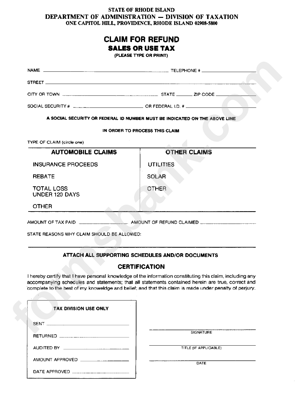 Claim For Refund Form - Rhode Island Department Of Administration