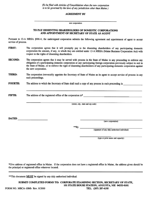 Form Mbca-10mb - Agreement To Pay Dissenting Shareholders Of Domestic Corporations And Appointment Of Secretary Of State As Agent - Maine Printable pdf