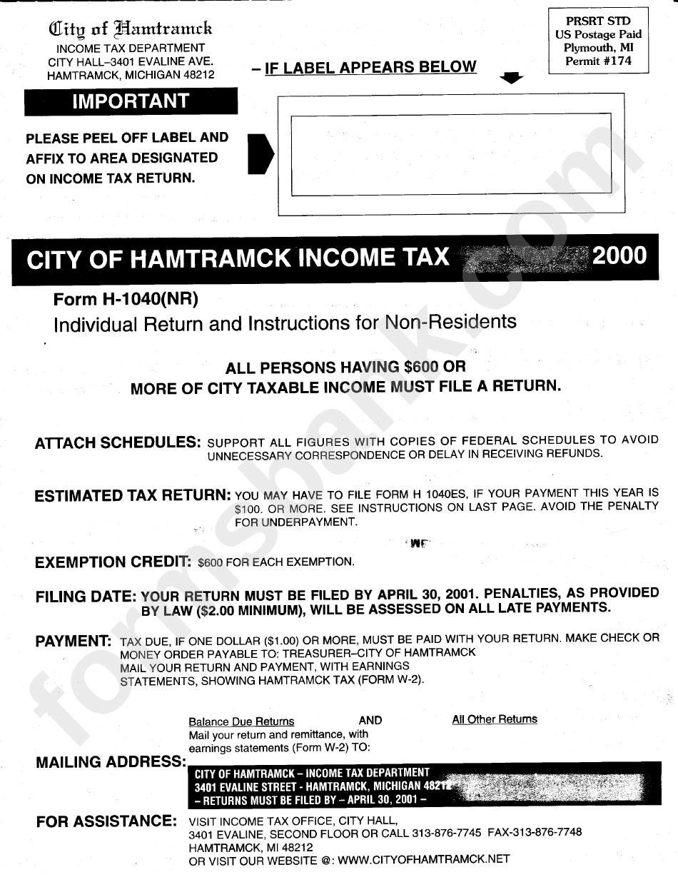 Form H-1040(Nr) - City Of Hamtramck Income Tax Form (2000) - Income Tax Department - Michigan