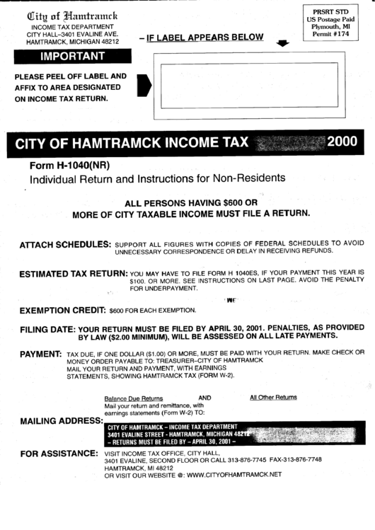 Form H-1040(Nr) - City Of Hamtramck Income Tax Form (2000) - Income Tax Department - Michigan Printable pdf