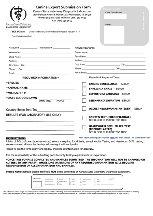Fillable Canine Export Submission Form - 2013 Printable pdf