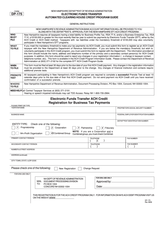 Form Dp-175 - Electronic Funds Transfer Ach Credit Registration For Business Tax Payments - New Hampshire Department Of Revenue Administration Printable pdf