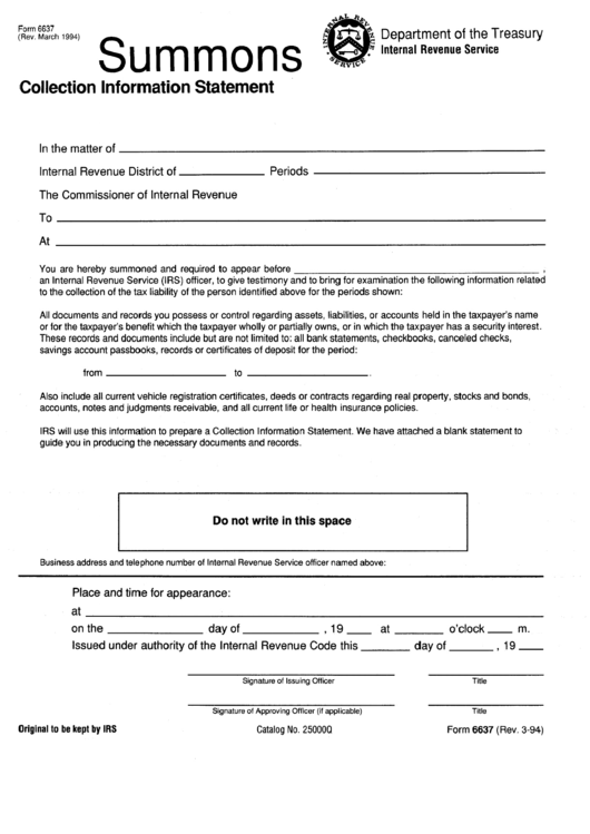 Form 6637 - Collection Information Statement - Department Of The Treasury Printable pdf