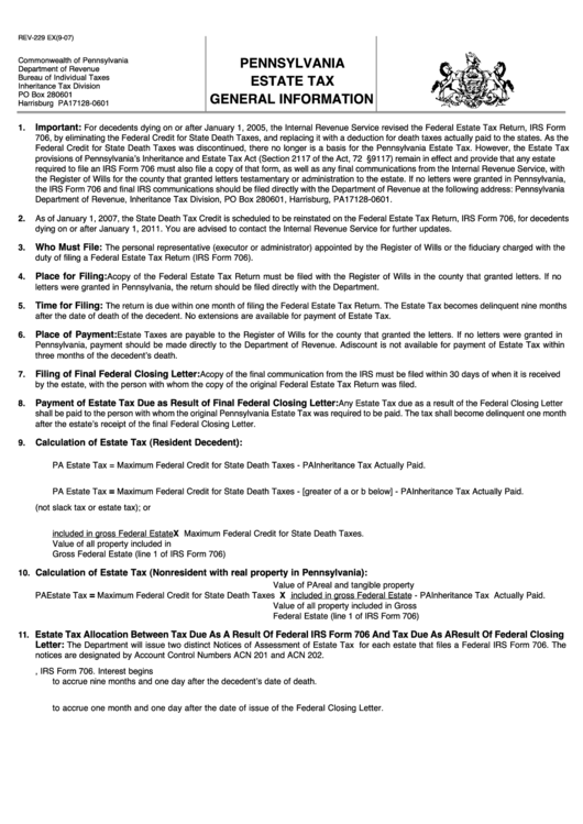 Pennsylvania Estate Tax General Information Printable pdf