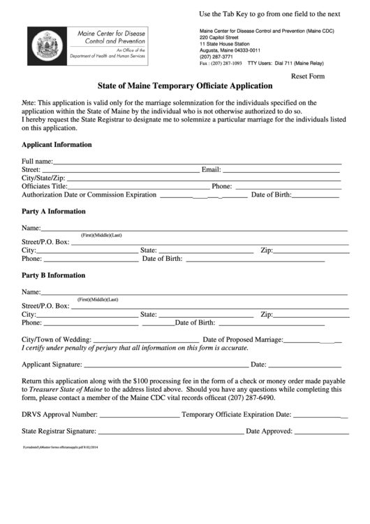 Fillable State Of Maine Temporary Officiate Application Form - Maine Department Of Health And Human Services Printable pdf