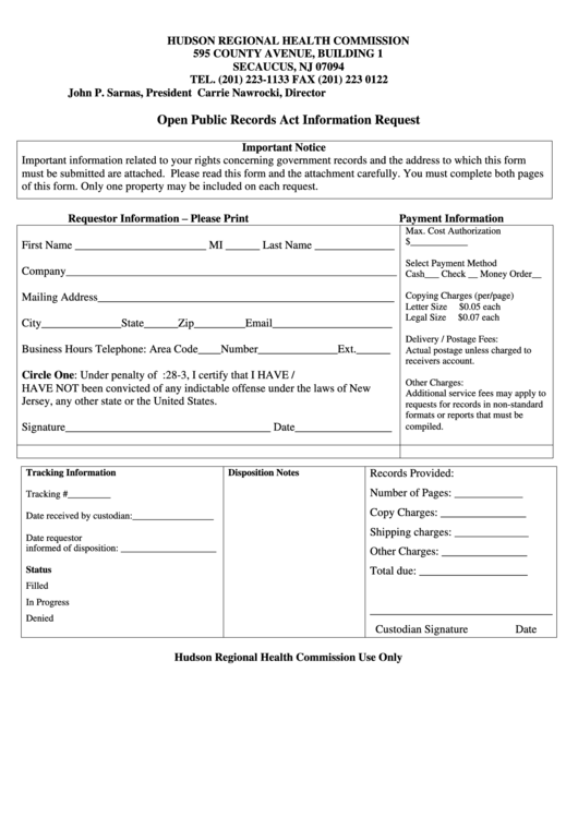Open Public Records Act Information Request Form - Hudson Regional Health Commission Printable pdf