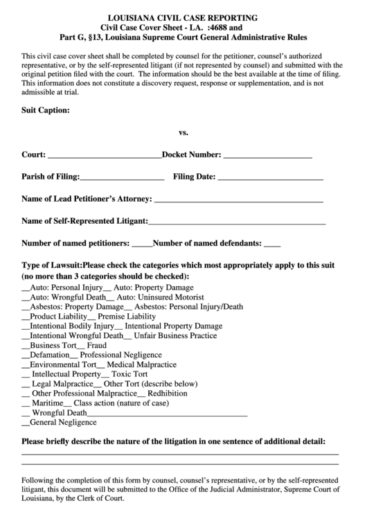 Fillable Louisiana Civil Case Reporting Form Printable pdf