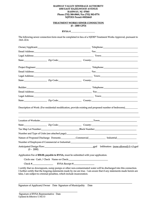Treatment Works Sewer Connection Form - Rahway Valley Sewerage Authority Printable pdf