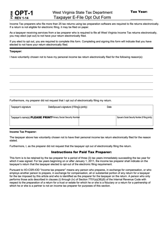 Form Opt-1 - Taxpayer E-File Opt Out - 2014 Printable pdf