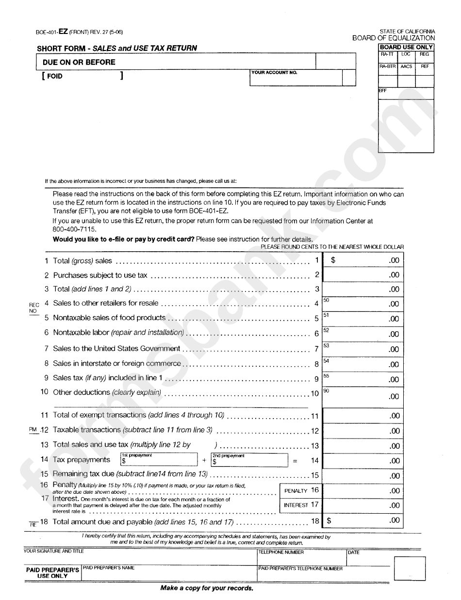 Form Boe-401-Ez - Sales And Use Tax Return Short Form