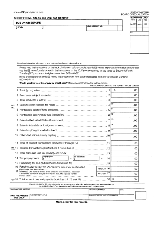Form Boe-401-Ez - Sales And Use Tax Return Short Form Printable pdf