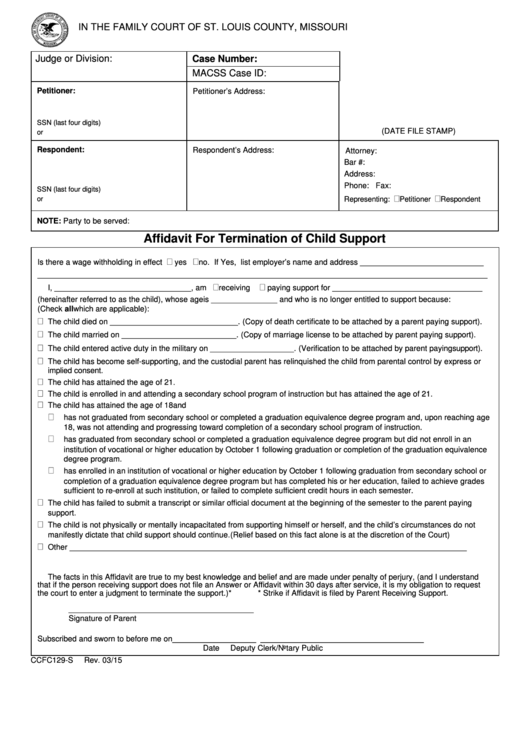 Form Ccfc129-s - Affidavit For Termination Of Child Support - St.louis County, Missouri