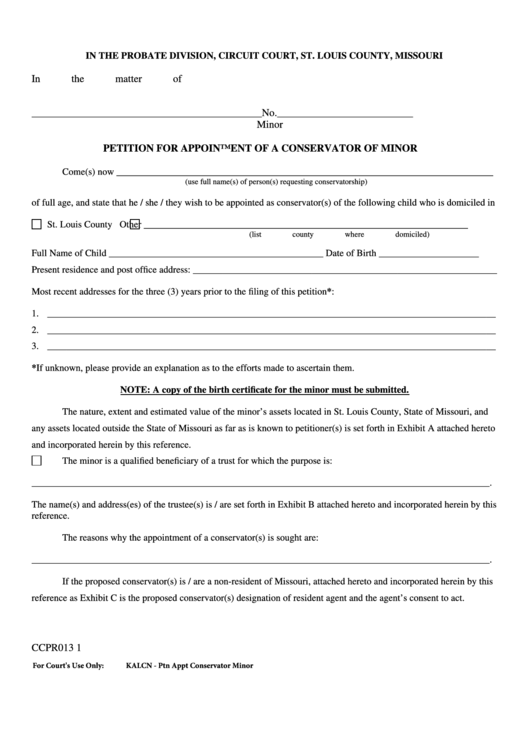 Fillable Form Ccpr013 - Petition For Appointment Of Conservator Of Minor - St. Louis County, Missouri Printable pdf