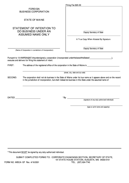 Form Mbca-12f - Statement Of Intention To Do Business Under An Assumed Name Only - 2001 Printable pdf