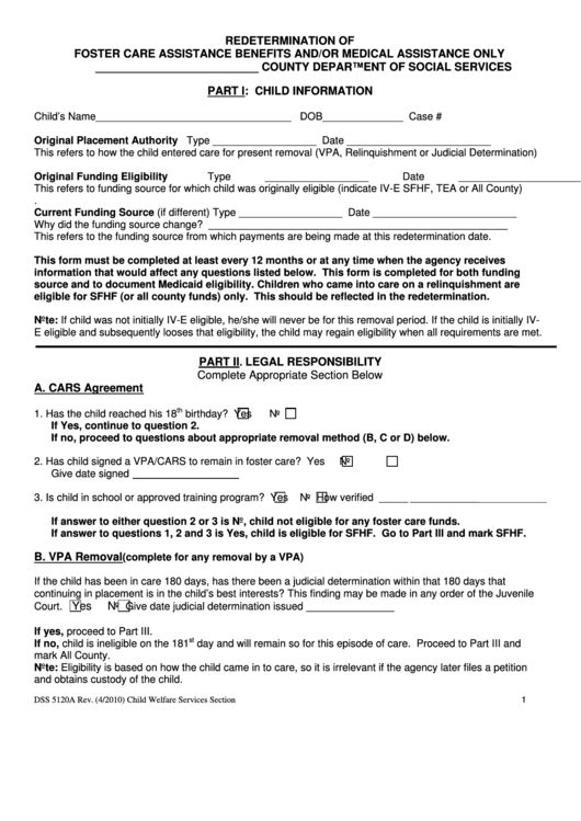 Fillable Form Dss 5120a - Redetermination Of Foster Care Assistance Benefits And/or Medical Assistance - North Carolina Department Of Social Services Printable pdf