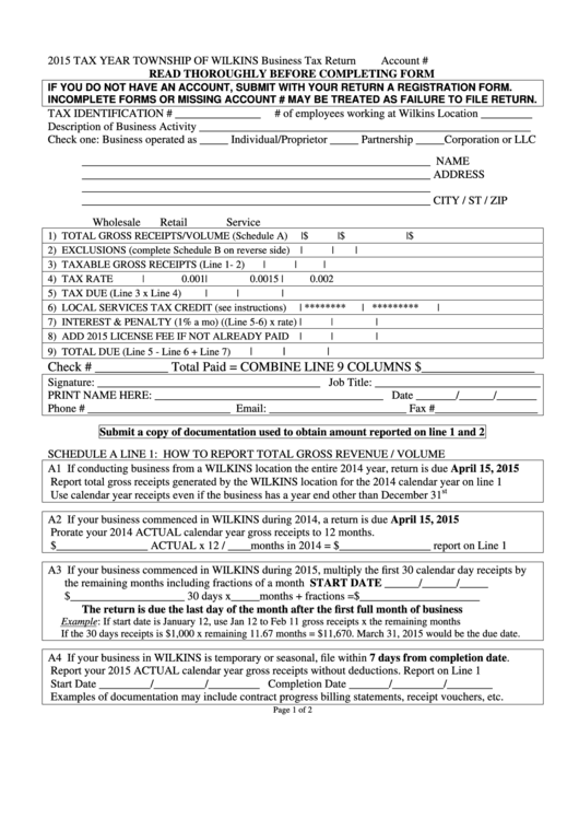2015 Business Tax Return Form - Township Of Wilkins Printable pdf