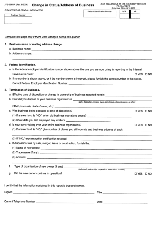 Form Jfs - 66111a - Change In Status/address Of Business Form Printable pdf