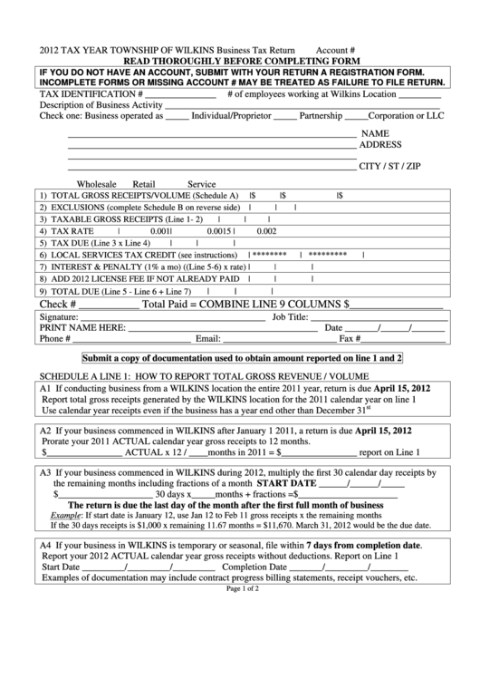 2012 Business Tax Return Form - Township Of Wilkins Printable pdf