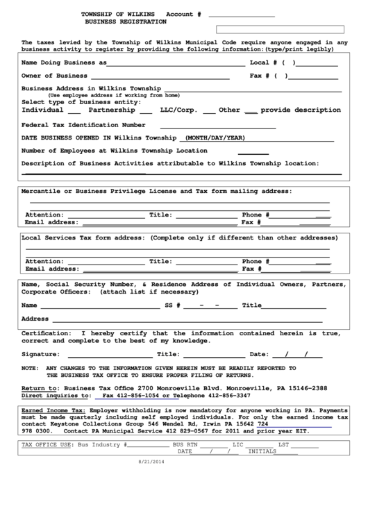 Wilkins Registration Form - Township Of Wilkins Printable pdf