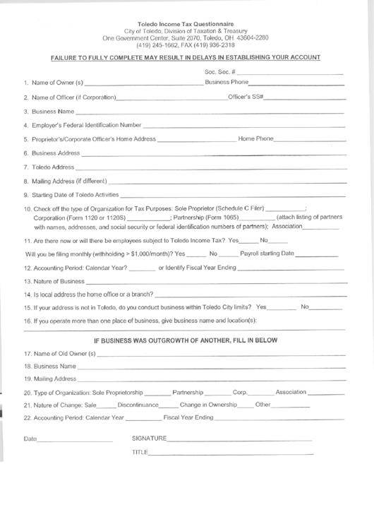 Toledo Income Tax Questionnaire Form - City Of Toledo Division Of Taxation And Treasury Printable pdf