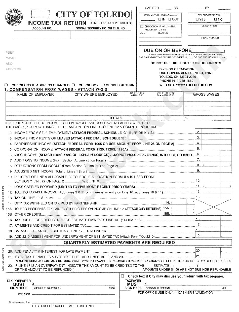 Income Tax Return - City Of Toledo Division Of Taxation