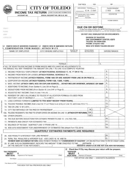 Income Tax Return - City Of Toledo Division Of Taxation Printable pdf