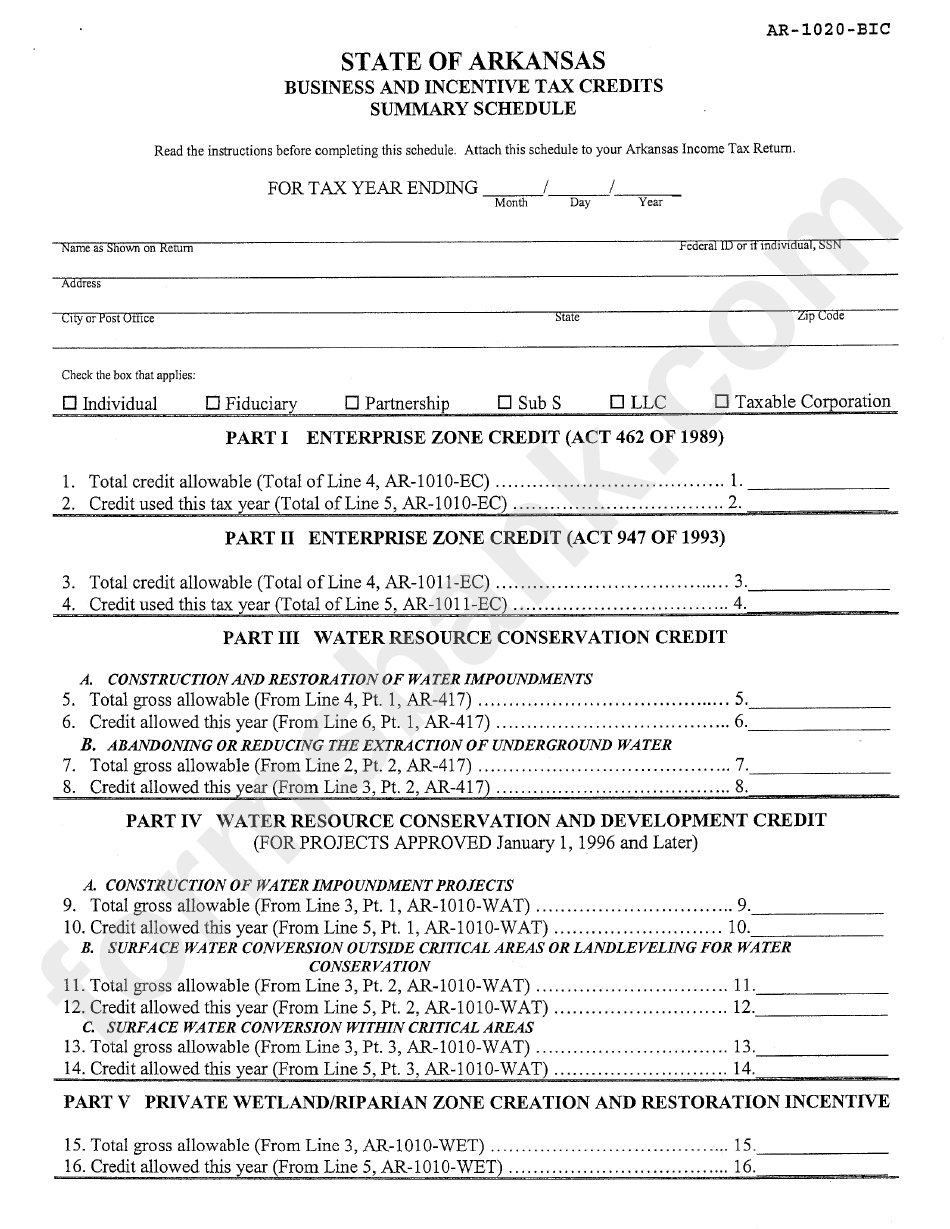 Form Ar-1005-Bip - Business And Incentive Tax Credits