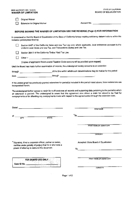 Form Boe-122 - Board Of Equalization - Waiver Of Limitation Printable pdf