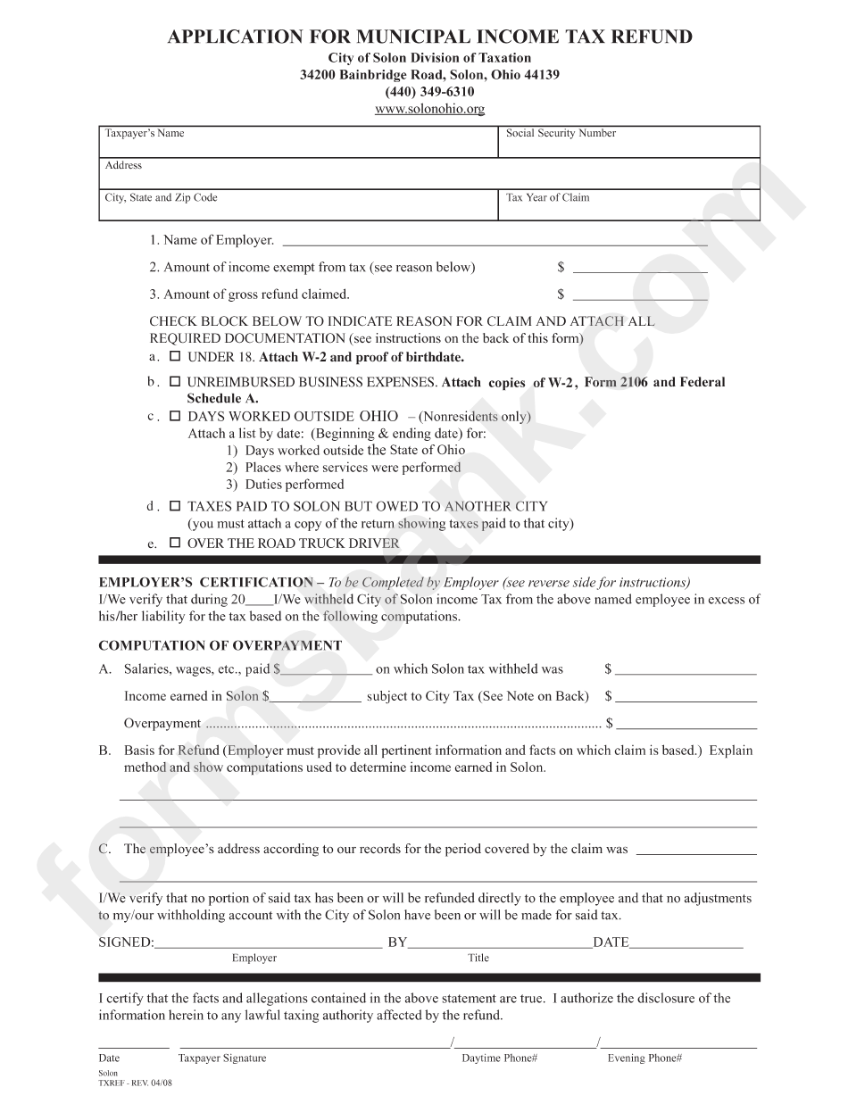 Form Txref - 2008 - Application For Municipal Income Tax Refund - City Of Solon Divisionof Taxation