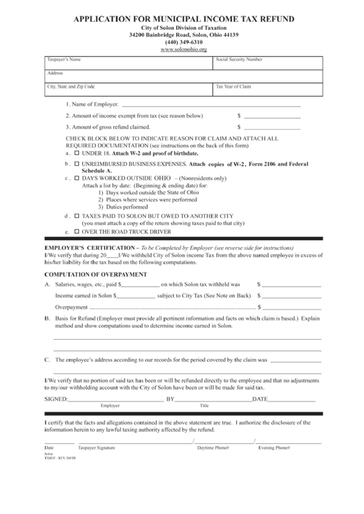Form Txref - 2008 - Application For Municipal Income Tax Refund - City Of Solon Divisionof Taxation Printable pdf