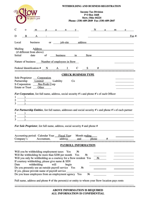 Withholding And Business Registration Form - City Of Sowi Ncome Tax Division Printable pdf