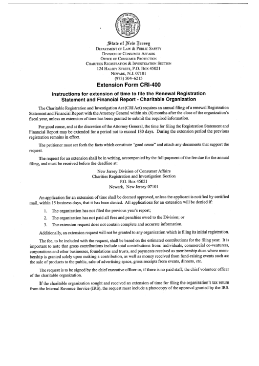Form Cri-400 - Instructions For Extension Of Time To File The Renewal Registration Statement And Financial Report - Charitable Organization - Department Of Law & Public Safety Printable pdf