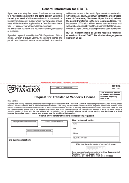 Form St3 Tl 2005 Request For Transfer Of Vendor'S License Ohio