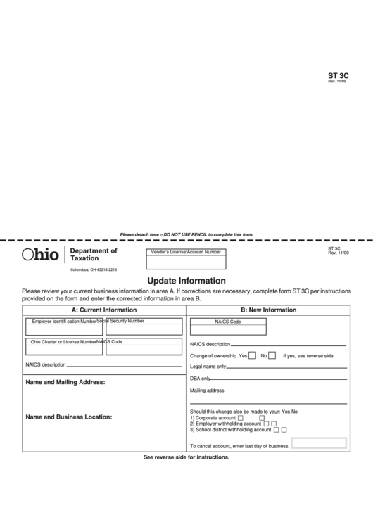 Form St 3c - 2009 - Update Information - Ohio Department Of Taxation Printable pdf