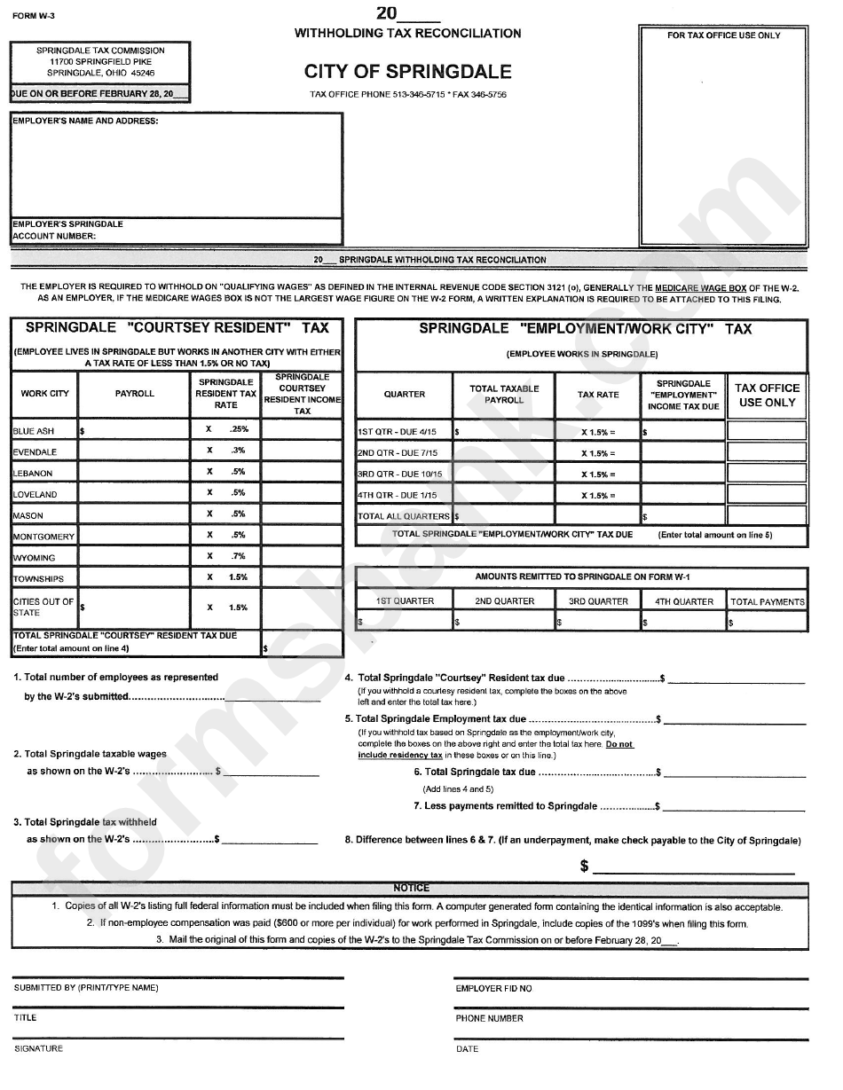 Form W-3 - Withholding Tax Recnciliation -City Of Springdale Tax Commission
