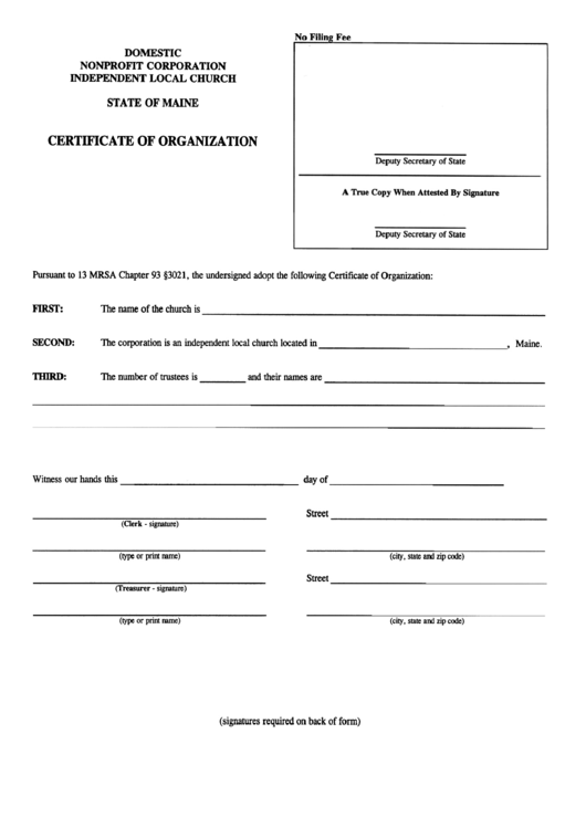 Certificate Of Organization Form (Domestic Nonprofit Corporation, Independent Local Church) - State Of Maine Printable pdf