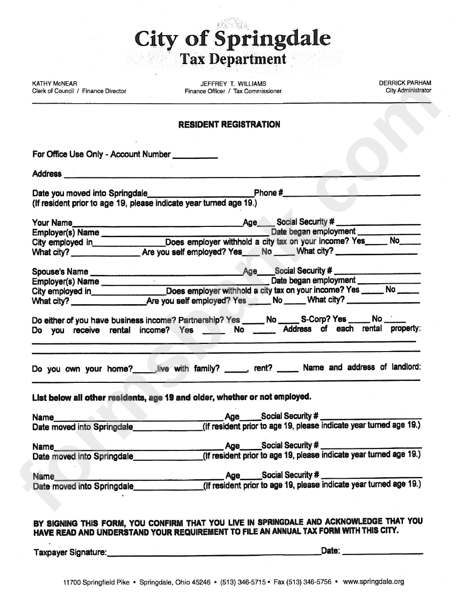 Resident Registration Form - City Of Springdale Tax Department