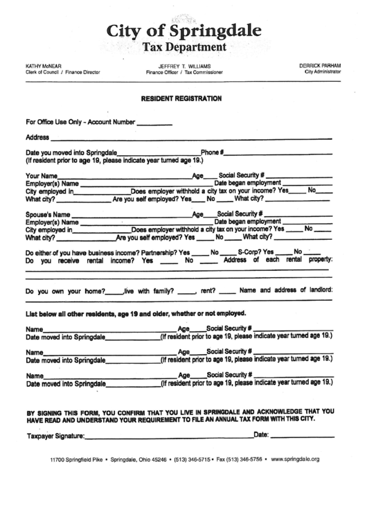 Resident Registration Form - City Of Springdale Tax Department Printable pdf