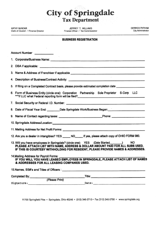 Business Registratuin Form - City Of Springdale Tax Department Printable pdf