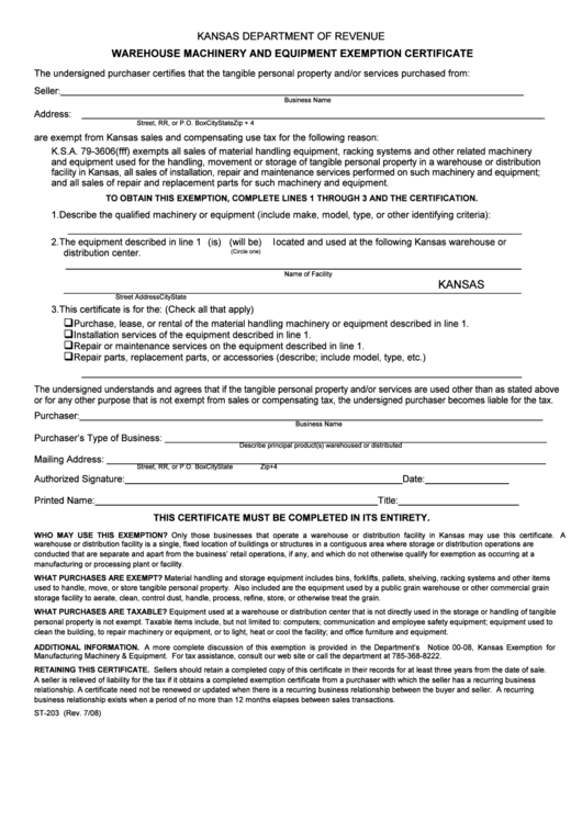 Fillable Form St-203 - Warehouse Machinery Equipment Exemption Certificate Form - Kansas Department Of Revenue Printable pdf