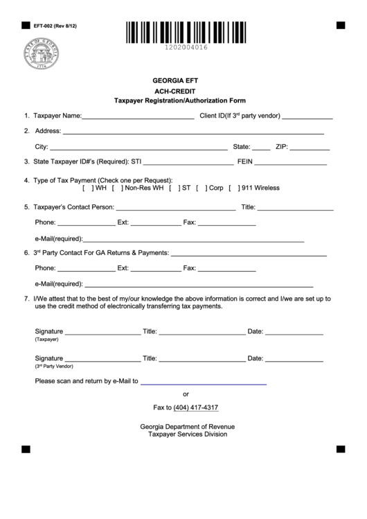 Form Eft-002 - Taxpayer Registration/authorization Form - Georgia Department Of Revenue Printable pdf