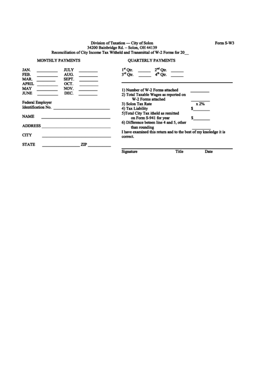 Form S-W3 - Reconciliation Of City Income Tax Wihheld And Transmittal Of W2 - City Of Solon Division Of Taxation Printable pdf