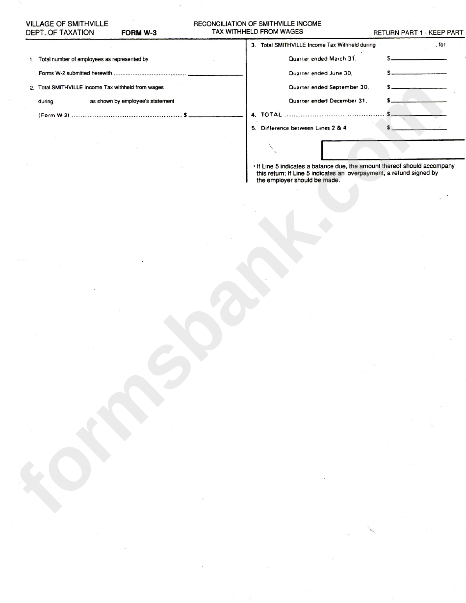 Form W-3 - Reconciliation Of Smithville Income Tax Withheld From Wages - Village Of Smithville Department Of Taxation