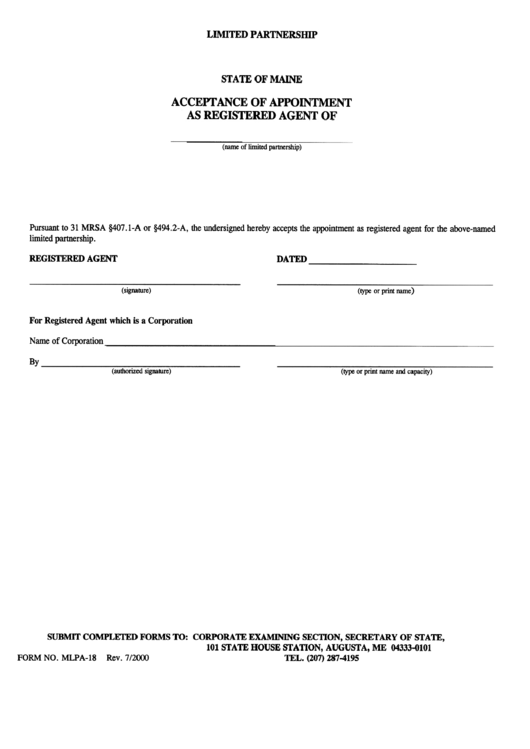 Form Mlpa-18 - Accept Ance Of Appointment As Registered Agent Form - State Of Maine Printable pdf