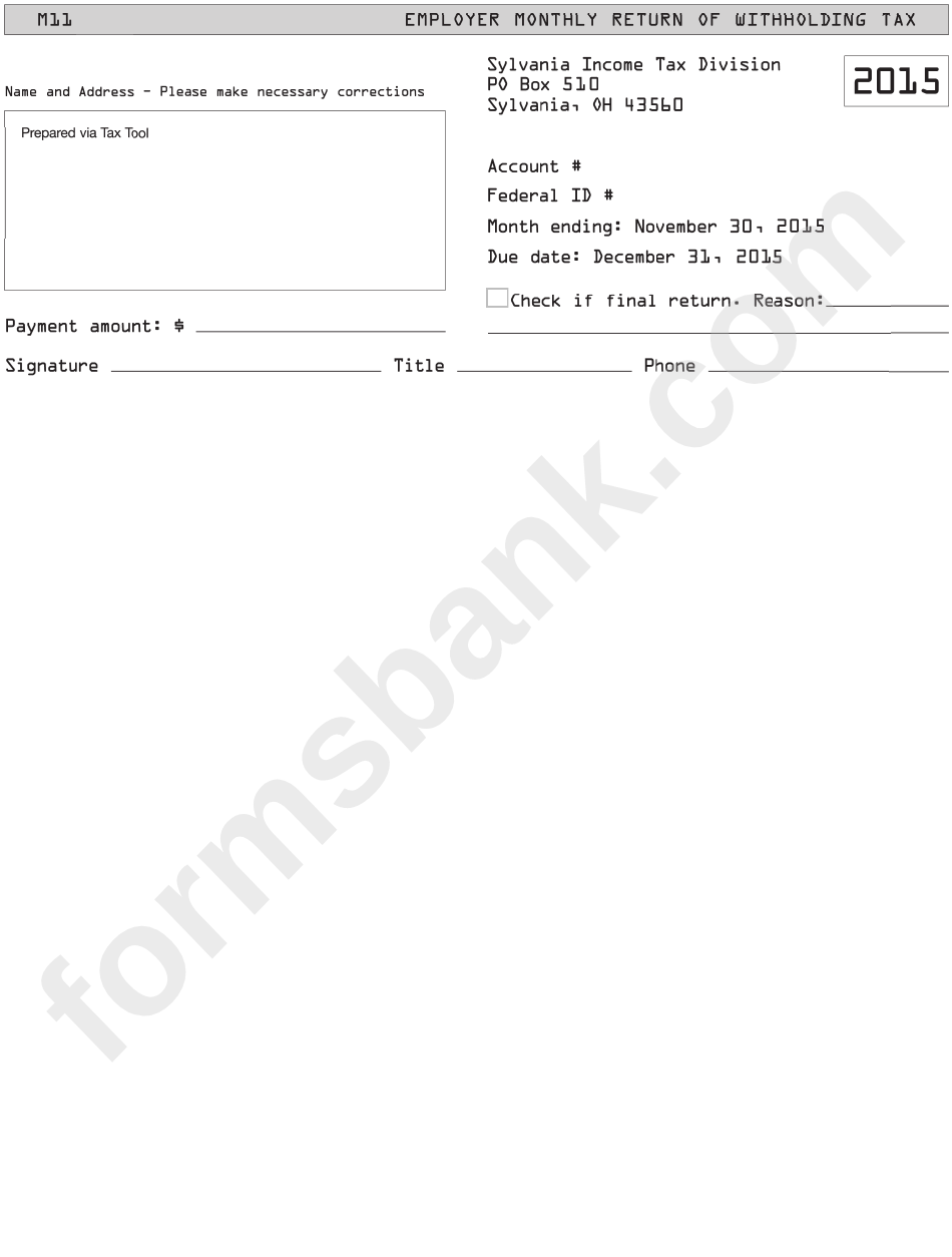 Form Mol - Employer Monthly Return Of Withholding Tax - 2015