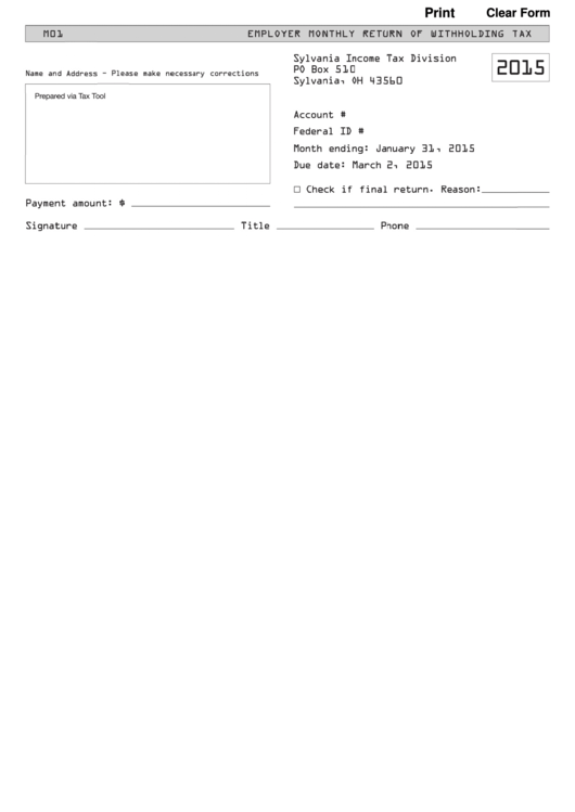 Fillable Form Mol - Employer Monthly Return Of Withholding Tax - 2015 Printable pdf