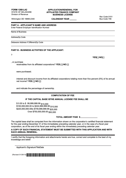 Fillable Form 1268-La2 - Application/renewal For Affiliated Finance Company Business License - Division Of Revenue Printable pdf